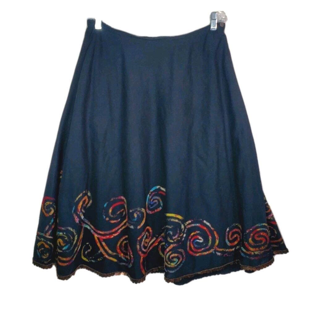 Chico's Black Midi Lined Skirt Boho Artistic Embroidered Festival Sz 2 Large